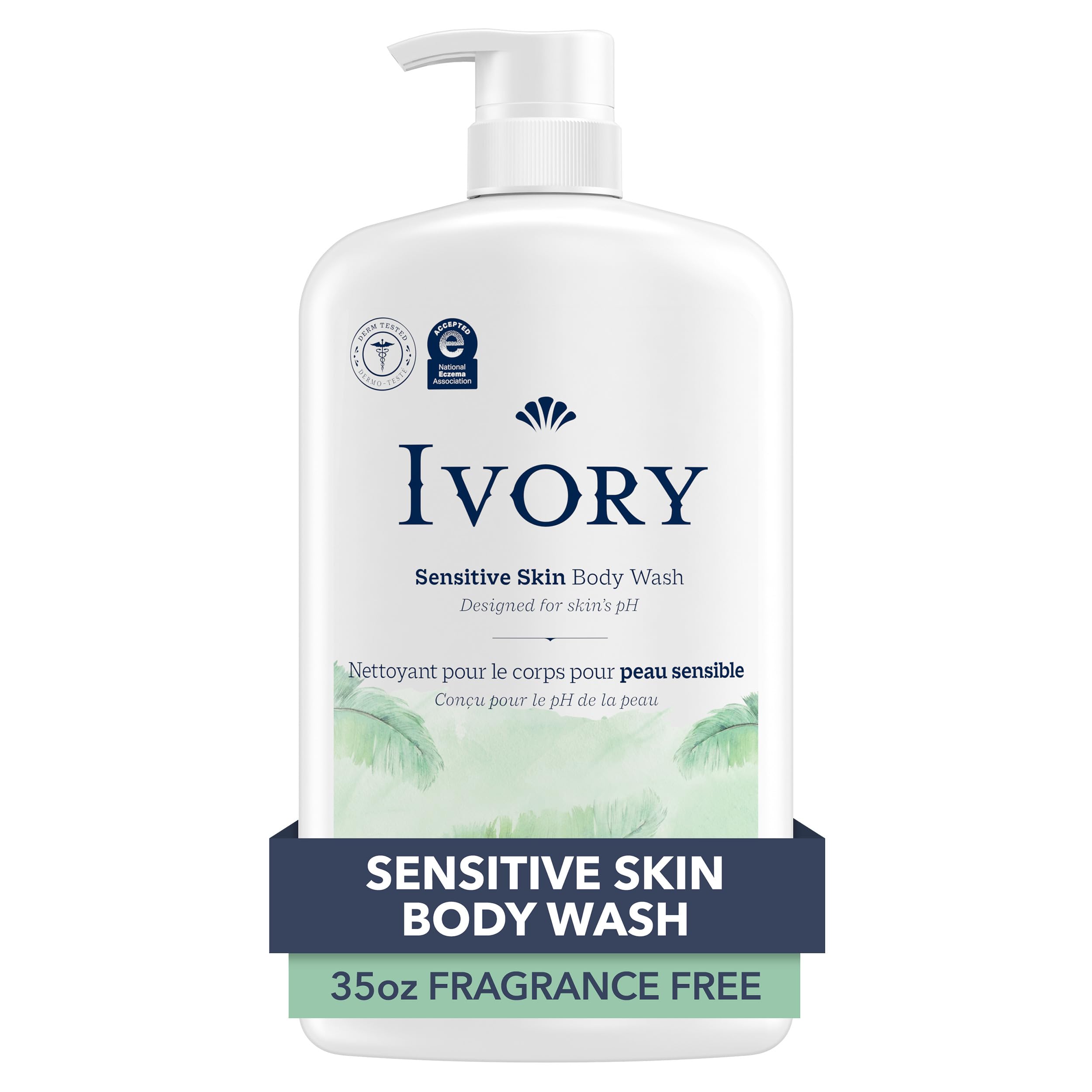 Ivory Sensitive Body Wash bottle pour shows fragrance-free cleansing for sensitive skin.