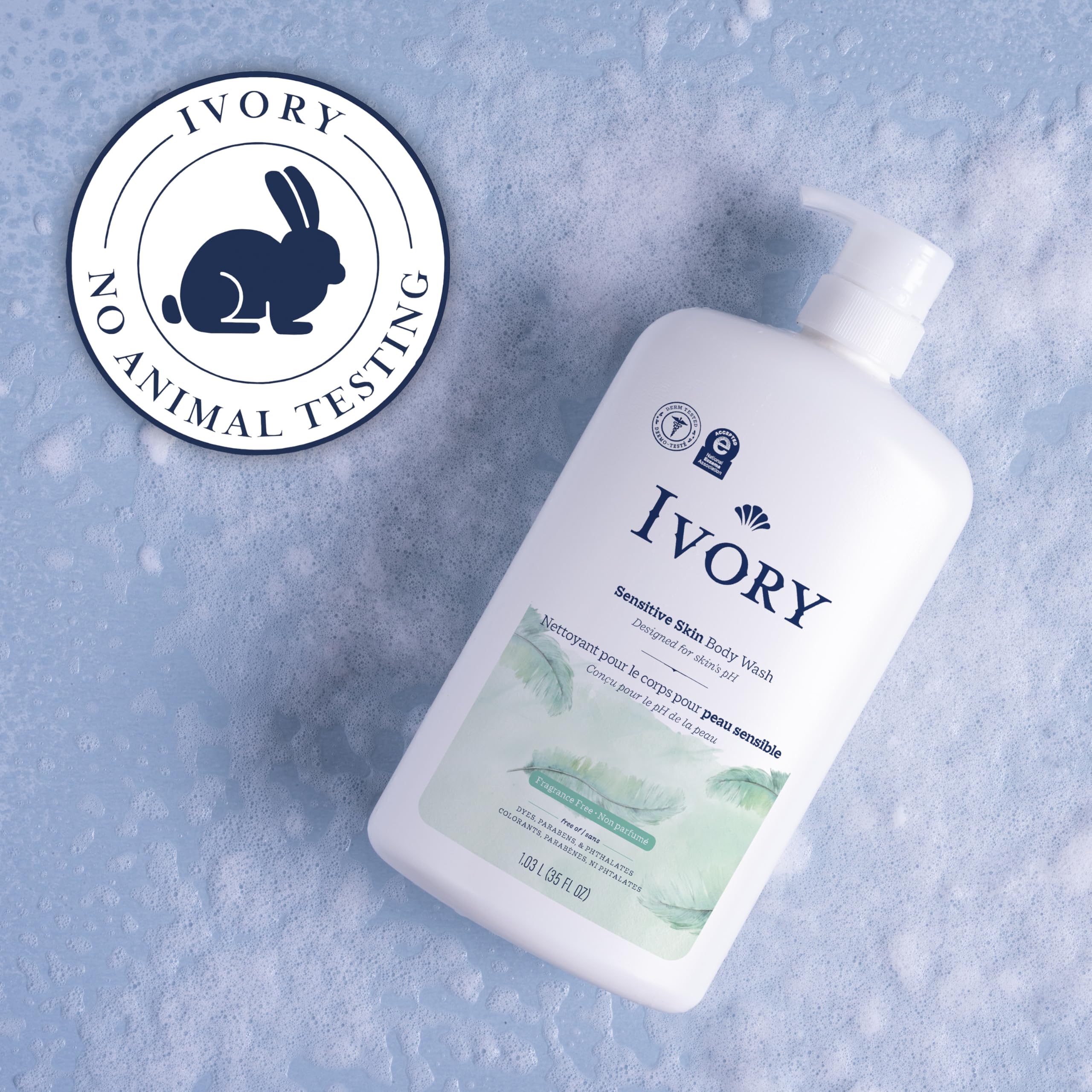 Ivory Sensitive Body Wash dermatologist-tested badge signals trusted daily care.