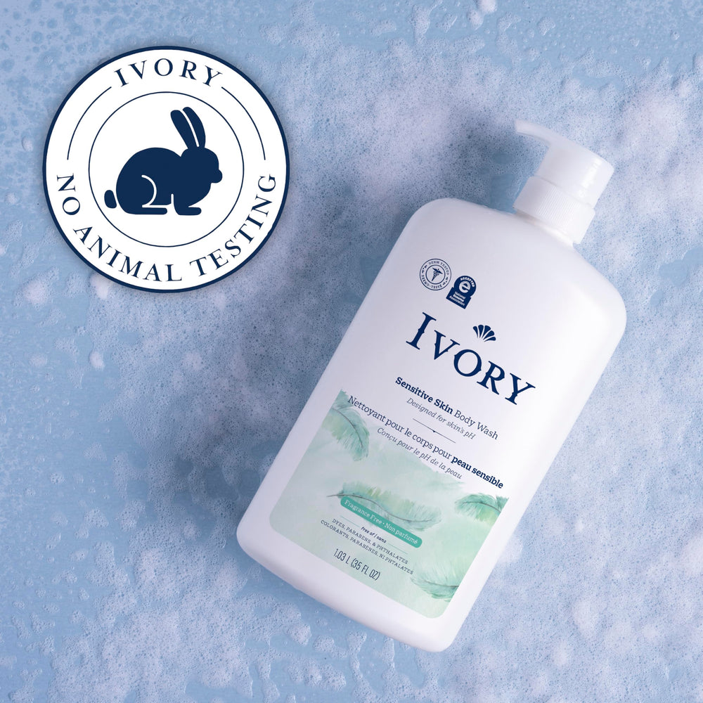 Ivory Sensitive Body Wash dermatologist-tested badge signals trusted daily care.