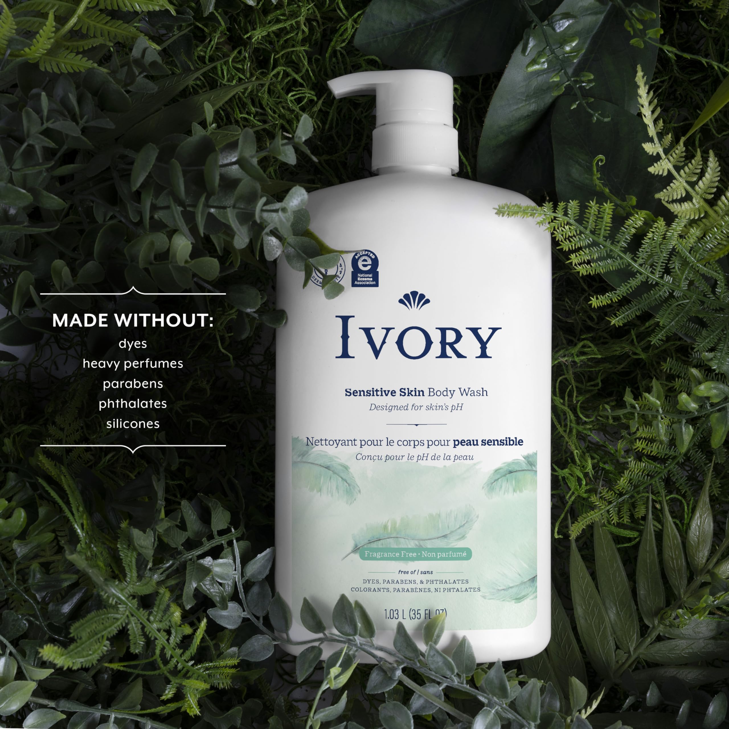 Ivory Sensitive Body Wash foam provides gentle, plant-based cleaning for everyday dirt.