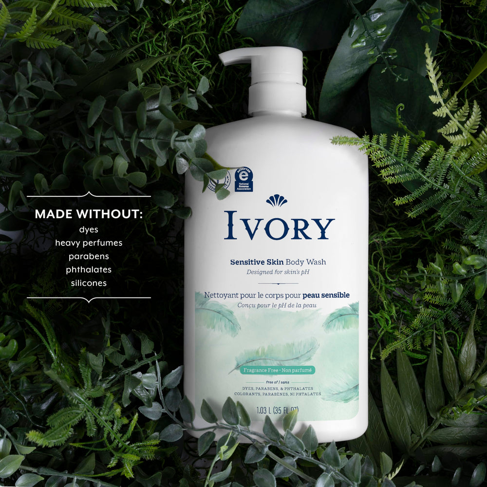 Ivory Sensitive Body Wash foam provides gentle, plant-based cleaning for everyday dirt.