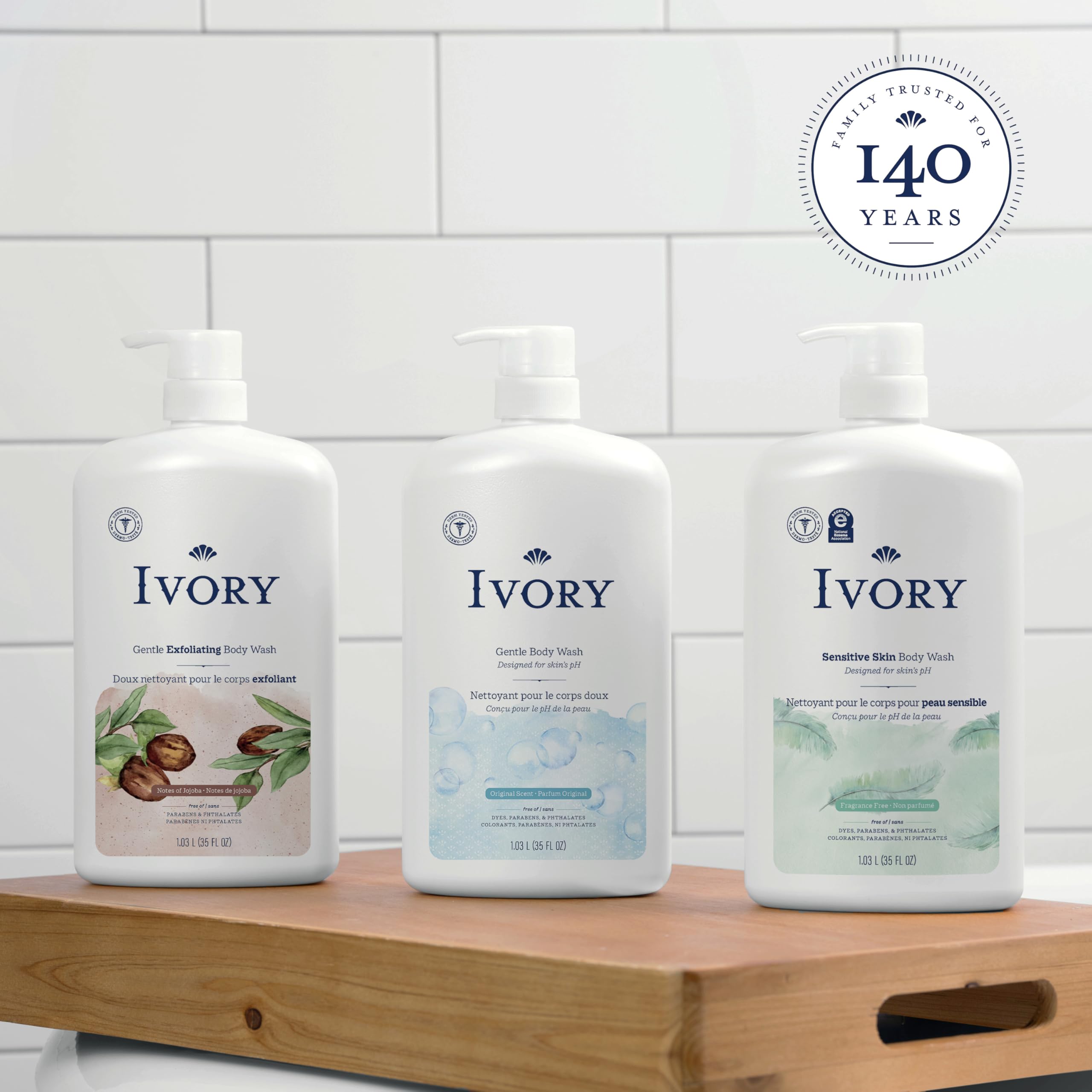 Ivory Sensitive Body Wash label emphasizes a pH-balanced formula for balanced skin.