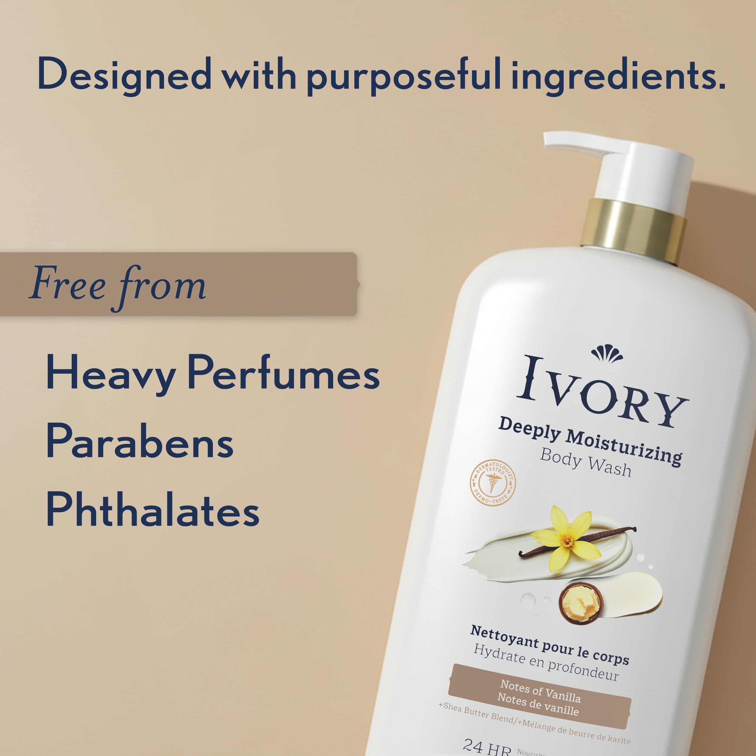 Ivory vanilla scent bottle offers comforting fragrance during showers.