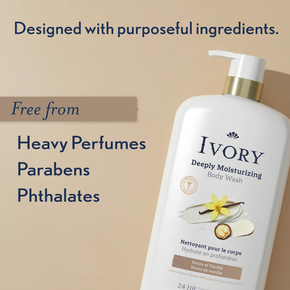 Ivory vanilla scent bottle offers comforting fragrance during showers.