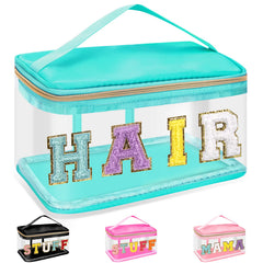 Izuzta Chenille Clear Bag with glitter patches for stylish organization on the go.