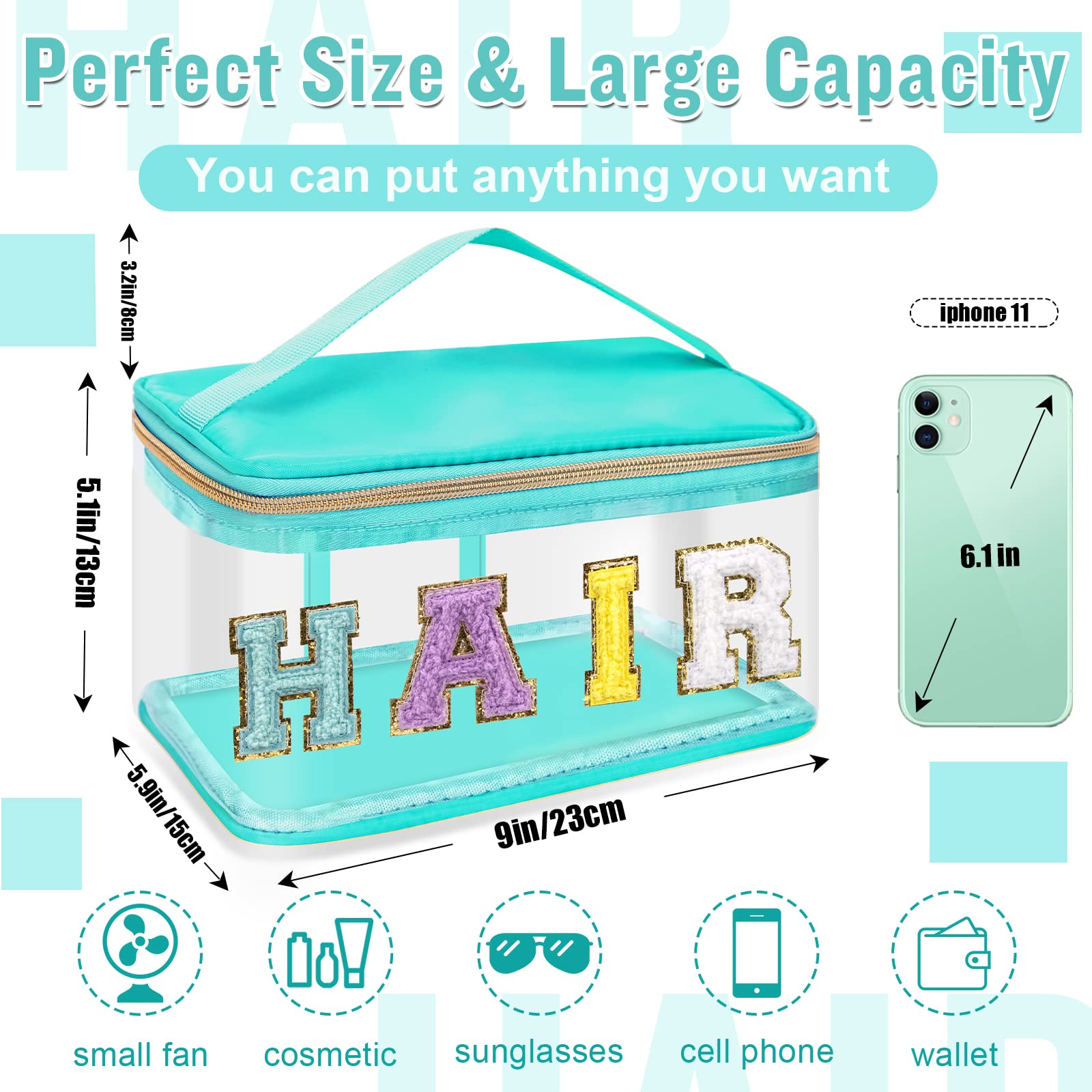 Transparent makeup pouch featuring top opening for quick access to essentials.