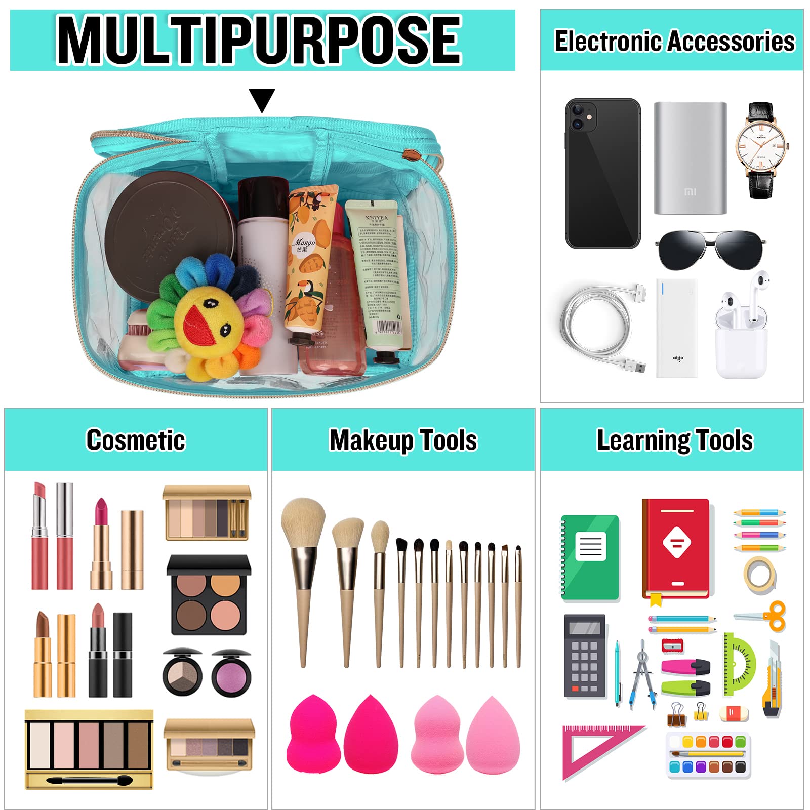 Large-capacity cosmetics organizer keeps travel essentials neatly arranged.