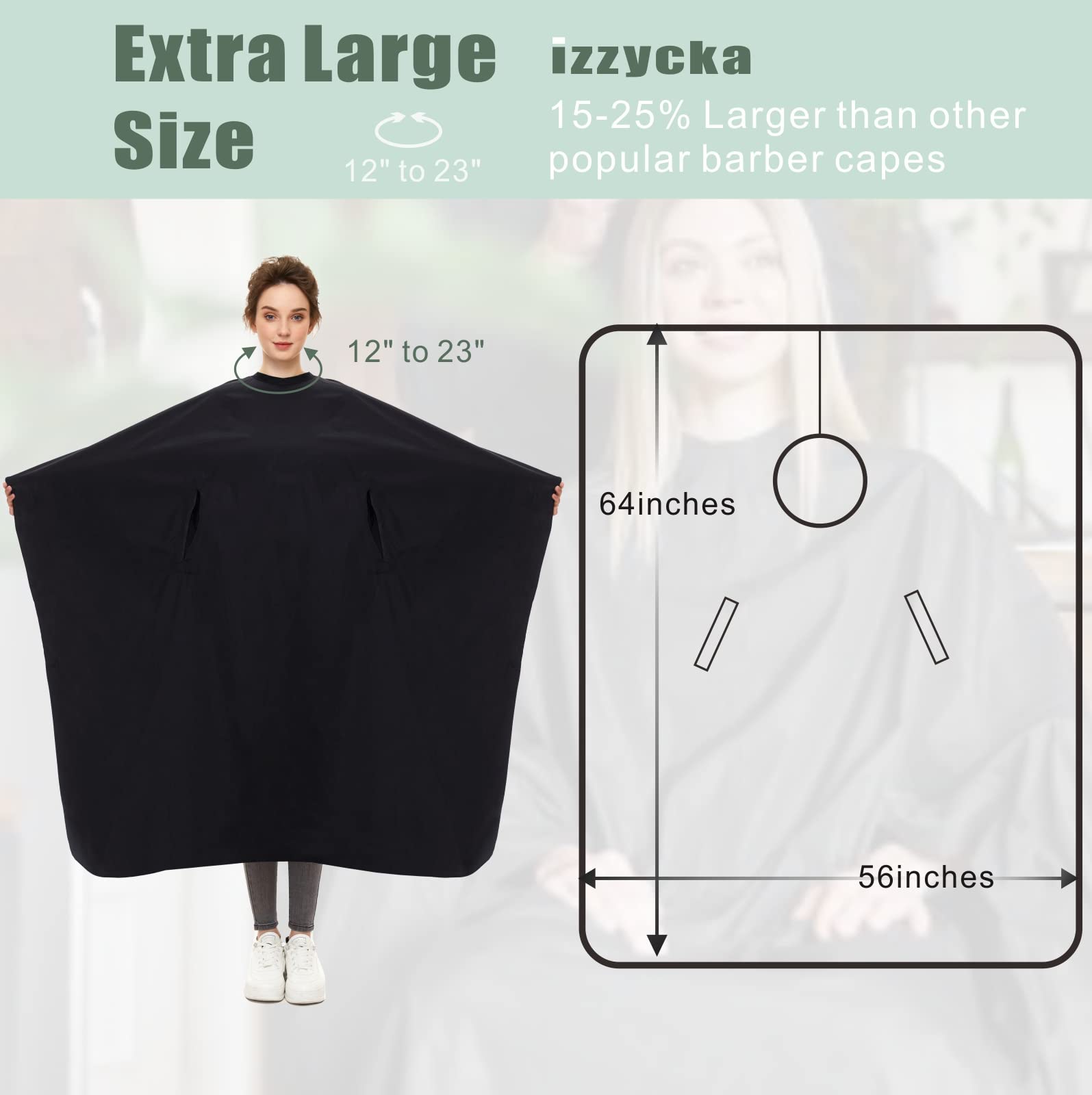 Izzycka barber cape with adjustable snap closure securing a snug neck fit