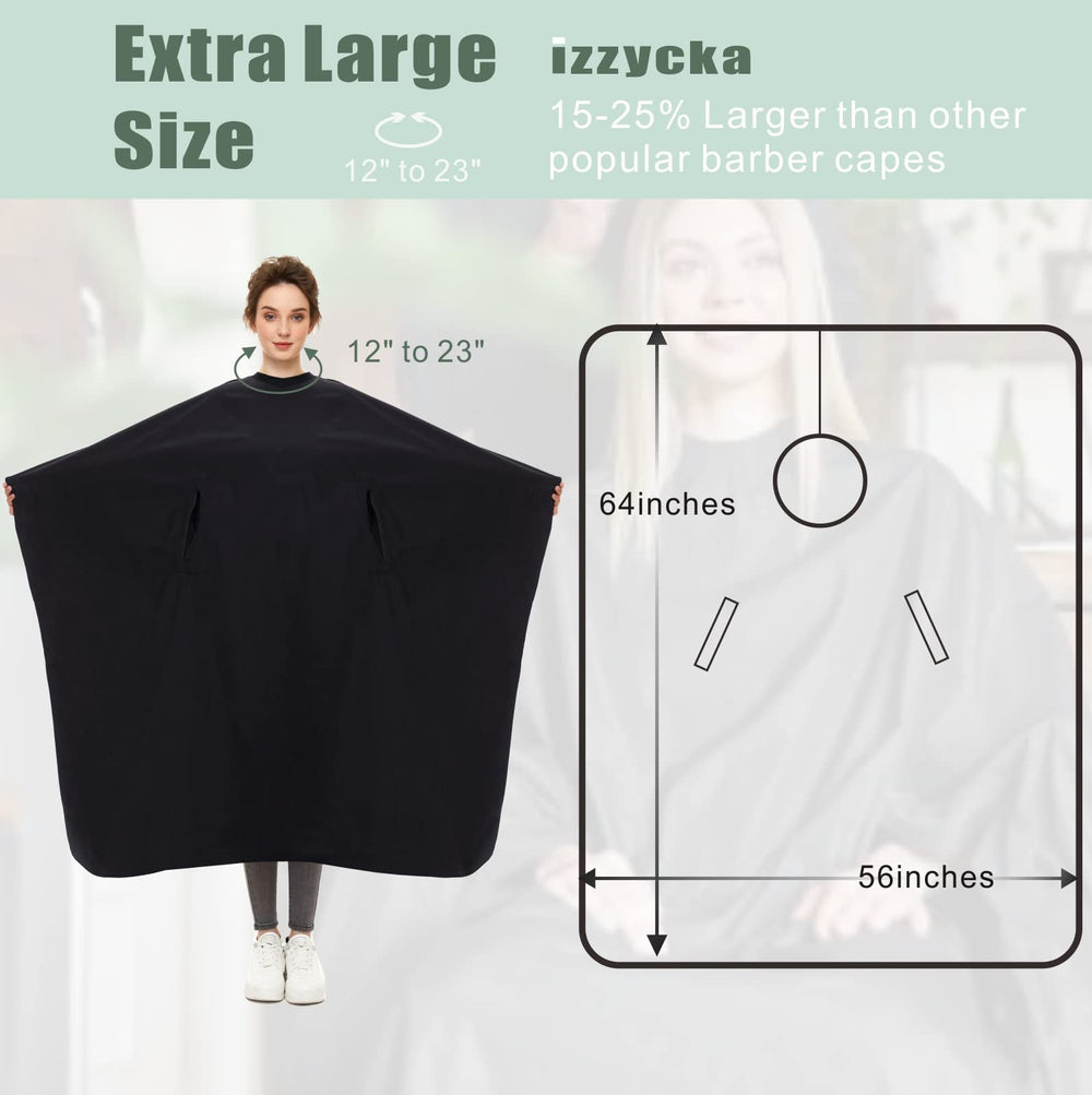 Izzycka barber cape with adjustable snap closure securing a snug neck fit