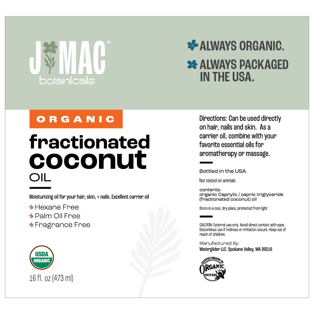 J MAC BOTANICALS aceite de coco fraccionado con textura clara y fácil de usar