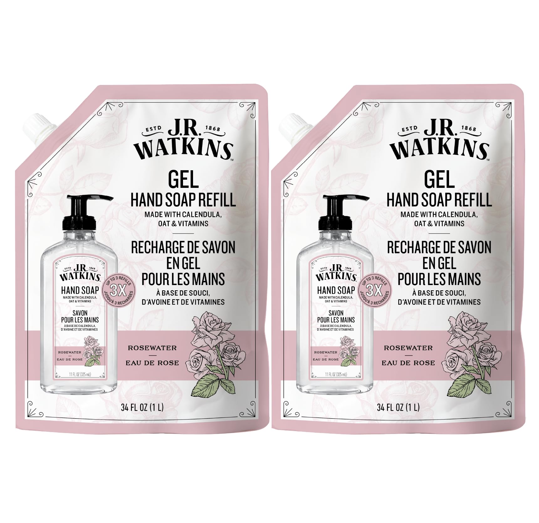 J.R. Watkins relleno de gel para manos Rosewater con aroma suave.