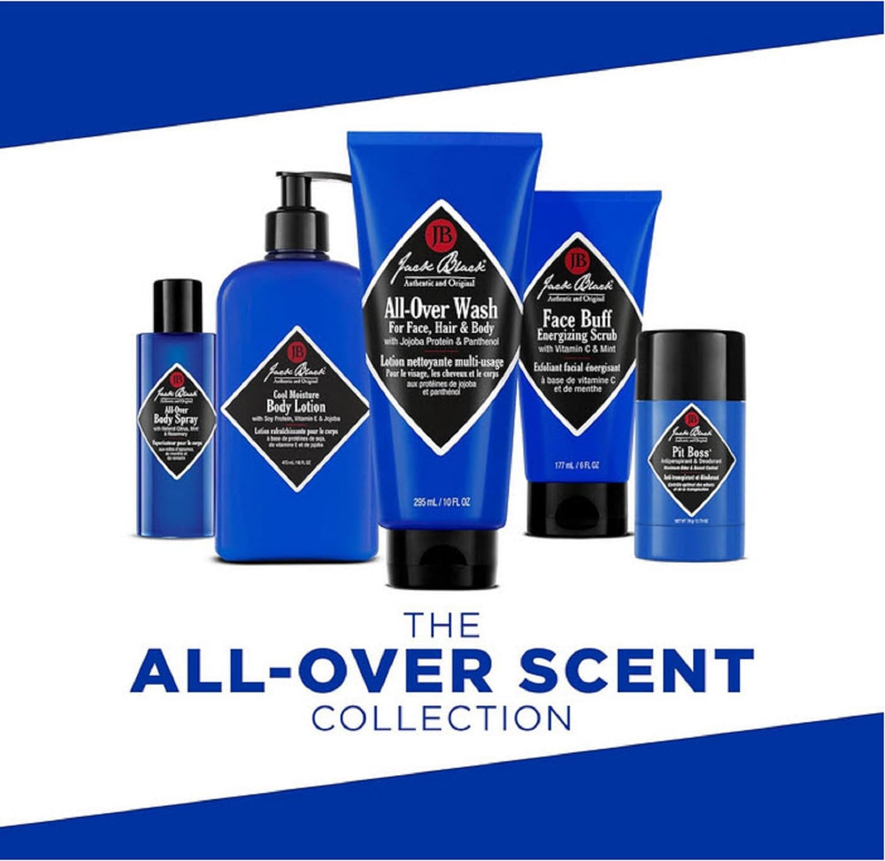 Jack Black All-Over Wash panthenol and wheat protein deliver conditioning.