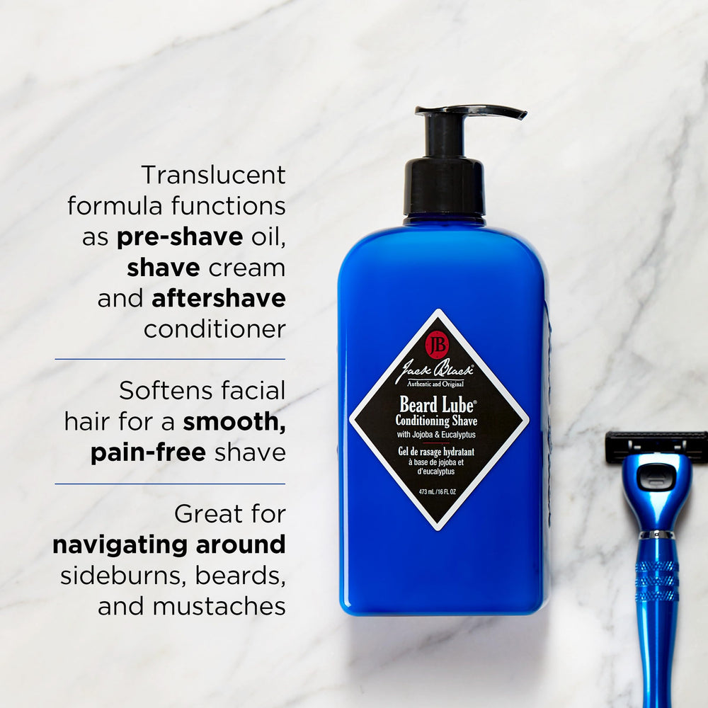 Jack Black Beard Lube Conditioning Shave texture shows lightweight, translucent shave aid for precise shaving.