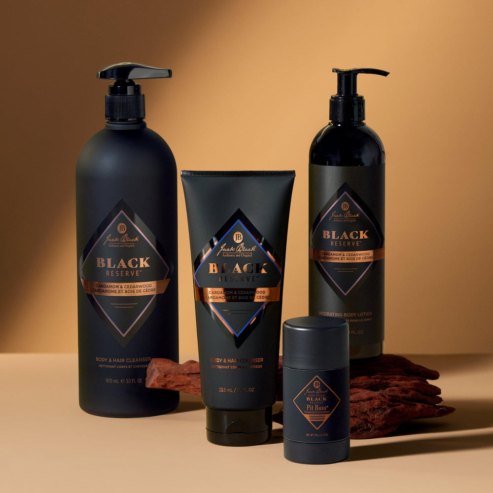 Jack Black Black Reserve scent close-up emphasizes cardamom and cedarwood aroma