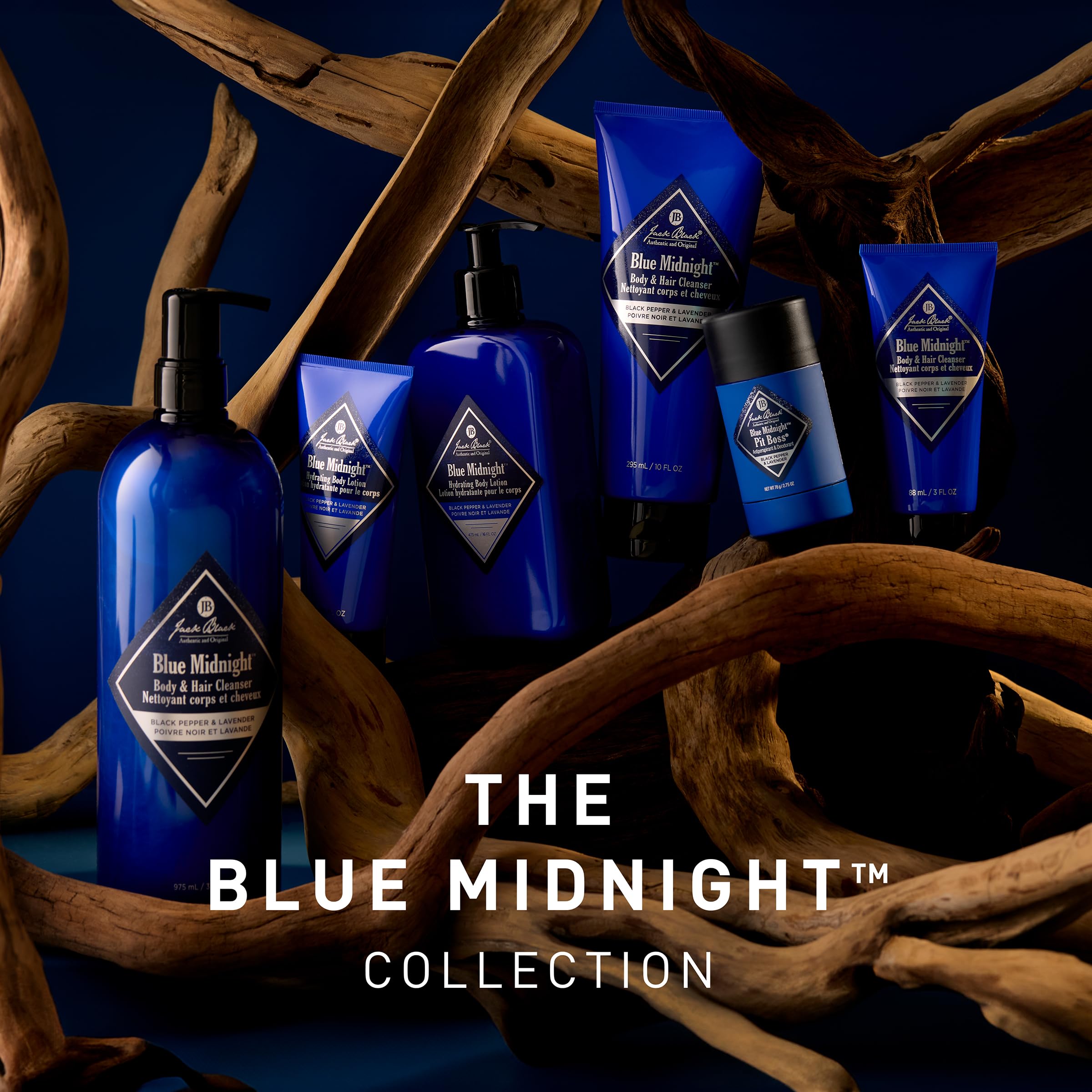 Jack Black Blue Midnight Pit Boss brand logo signals trusted grooming heritage.