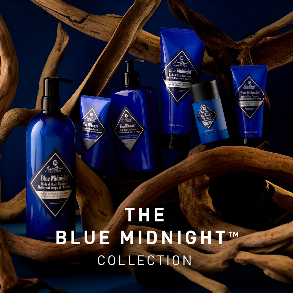 Jack Black Blue Midnight Pit Boss brand logo signals trusted grooming heritage.