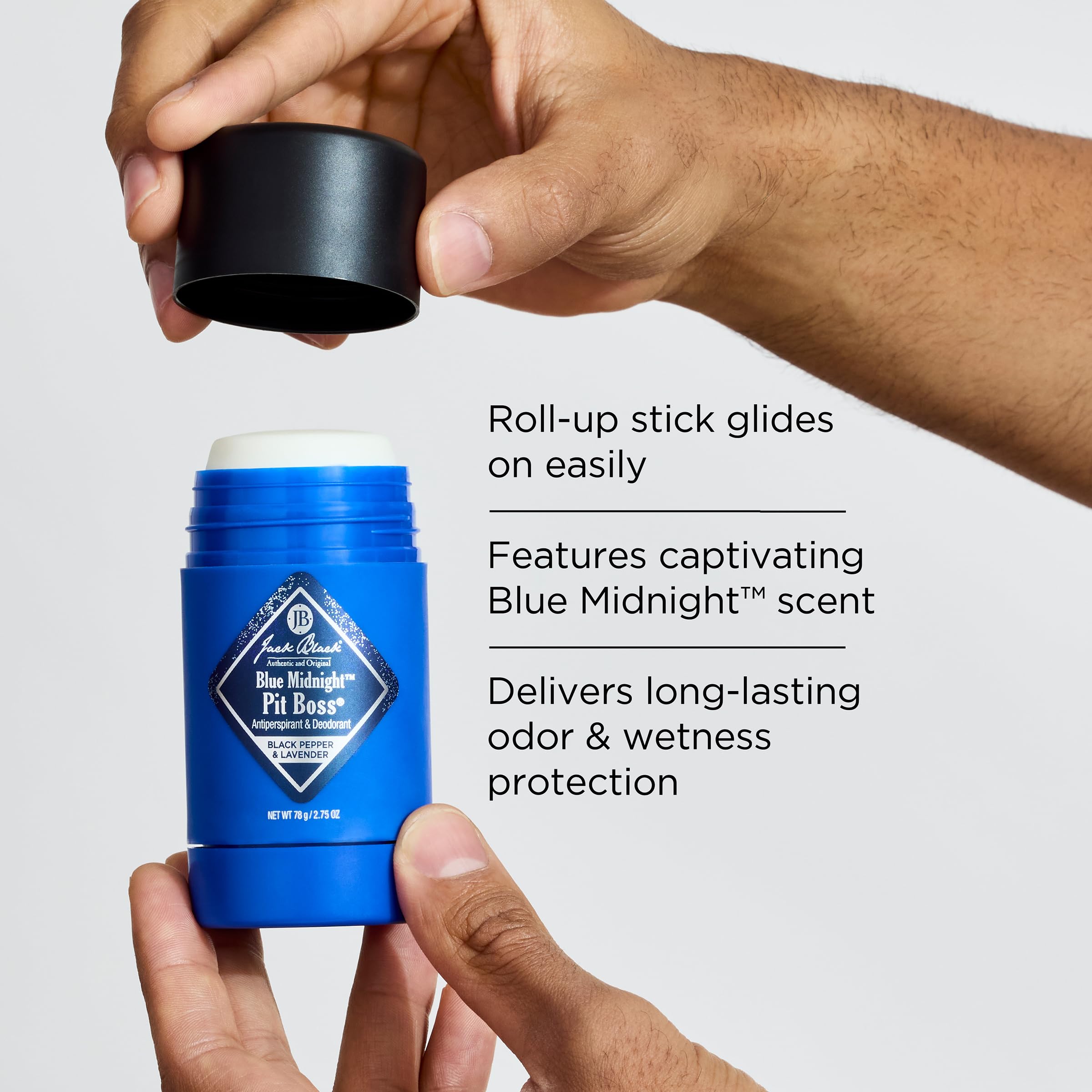 Jack Black Blue Midnight Pit Boss stick close-up showcases smooth glide for easy application.