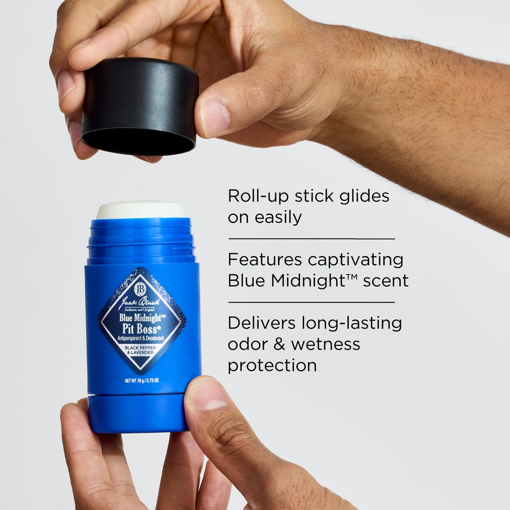 Jack Black Blue Midnight Pit Boss stick close-up showcases smooth glide for easy application.