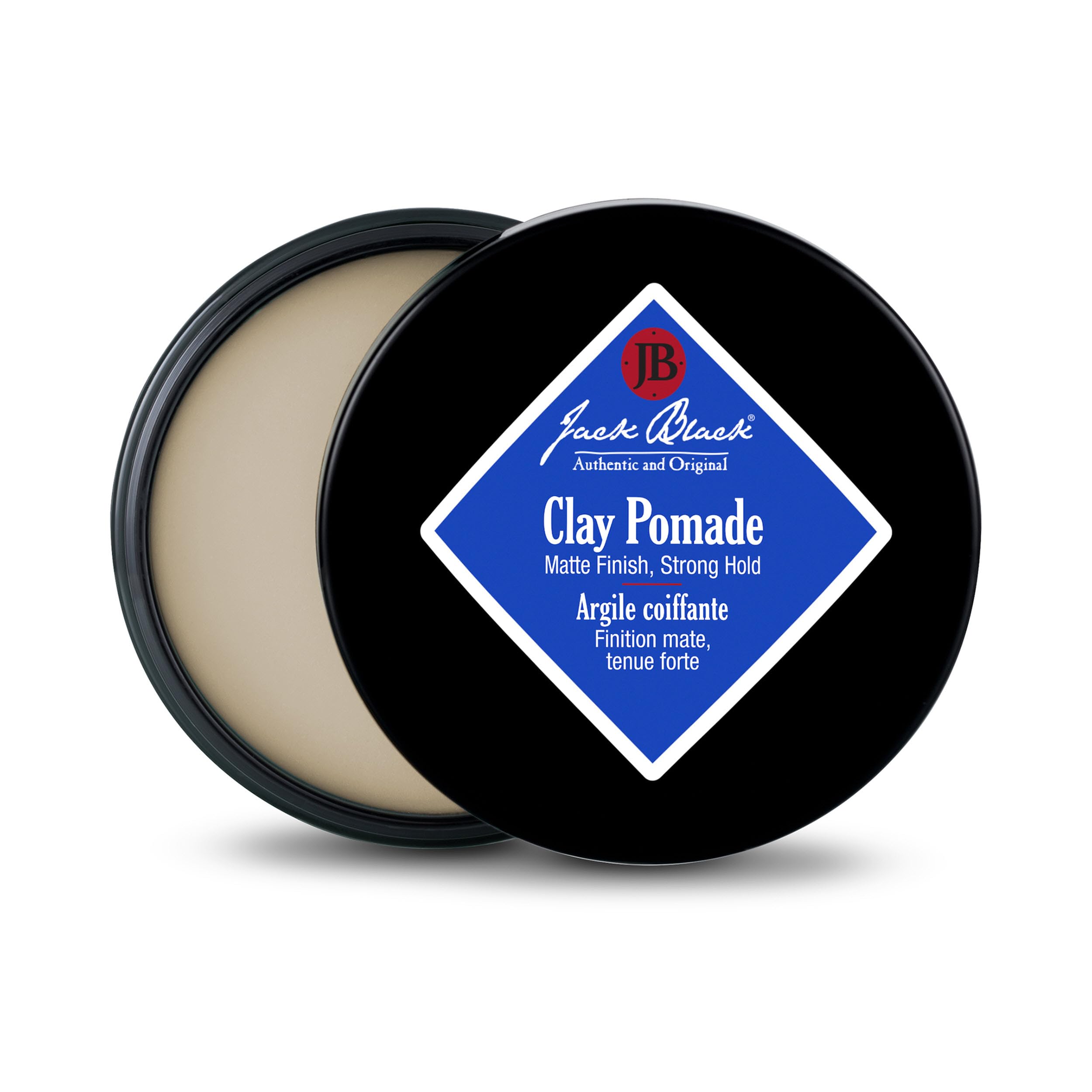 Jack Black Clay Pomade bottle close-up highlighting a strong hold and matte finish