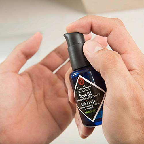 Dermatologist-tested badge with Jack Black Beard Oil box for safer use.