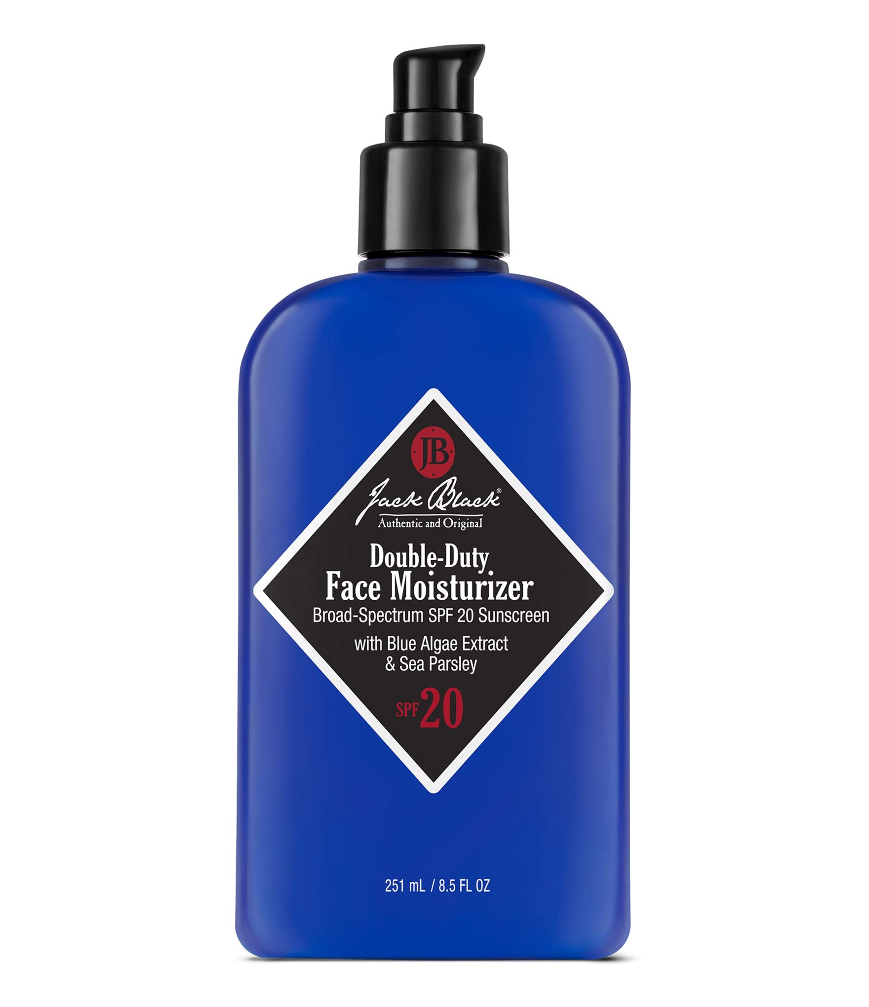 Jack Black Double-Duty Face Moisturizer bottle shown with lightweight hydration claim