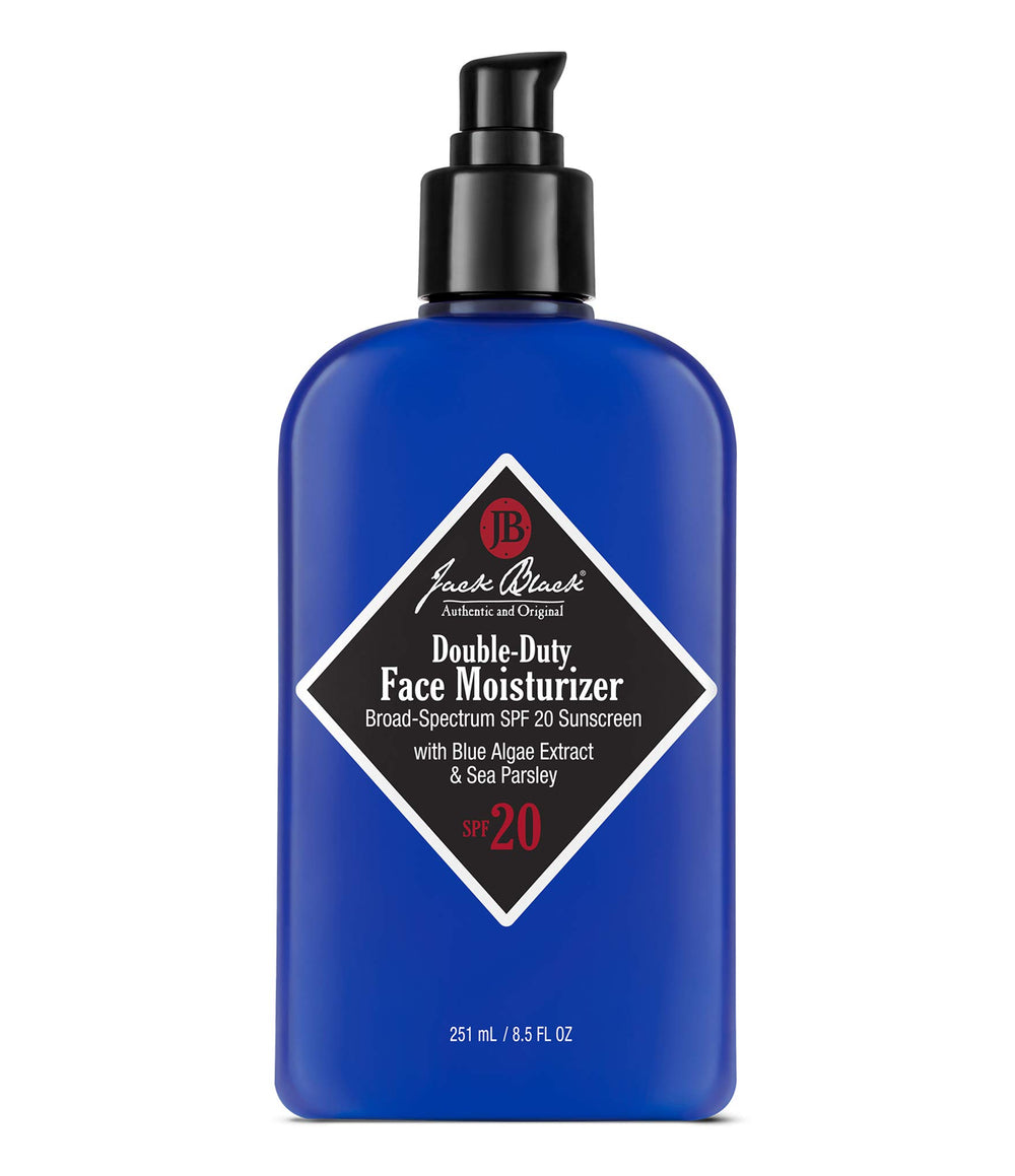 Jack Black Double-Duty Face Moisturizer bottle shown with lightweight hydration claim