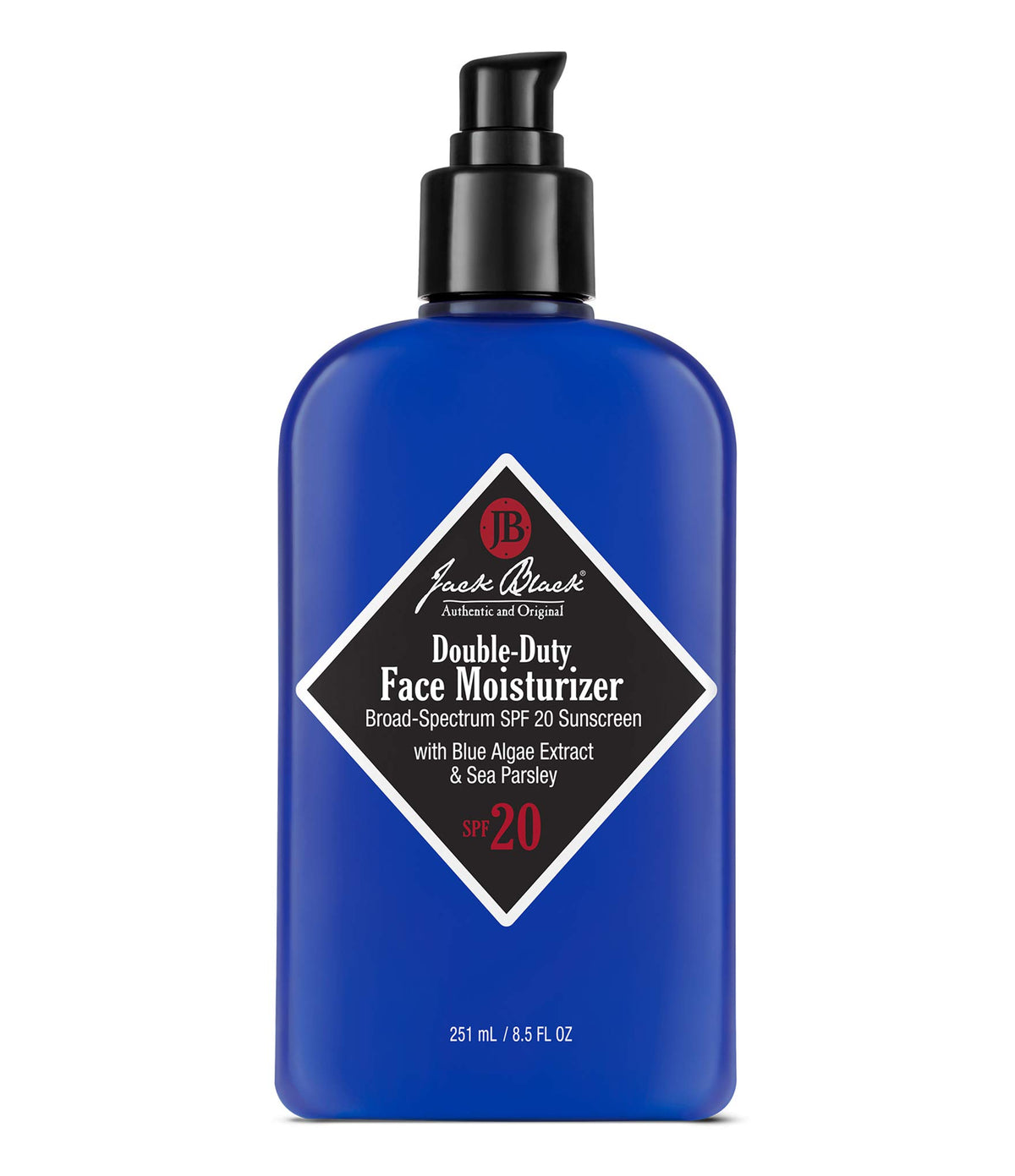 Jack Black Double-Duty Face Moisturizer bottle shown with lightweight hydration claim