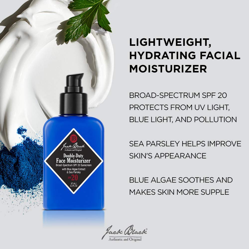 Applying Jack Black Double-Duty SPF 20 moisturizer for lightweight protection.