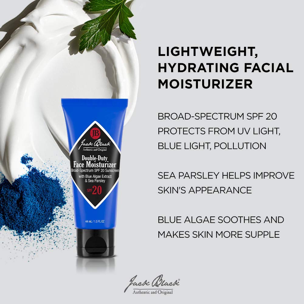 Jack Black Double-Duty Face Moisturizer SPF 20 label highlights antioxidants and skin-supporting ingredients.