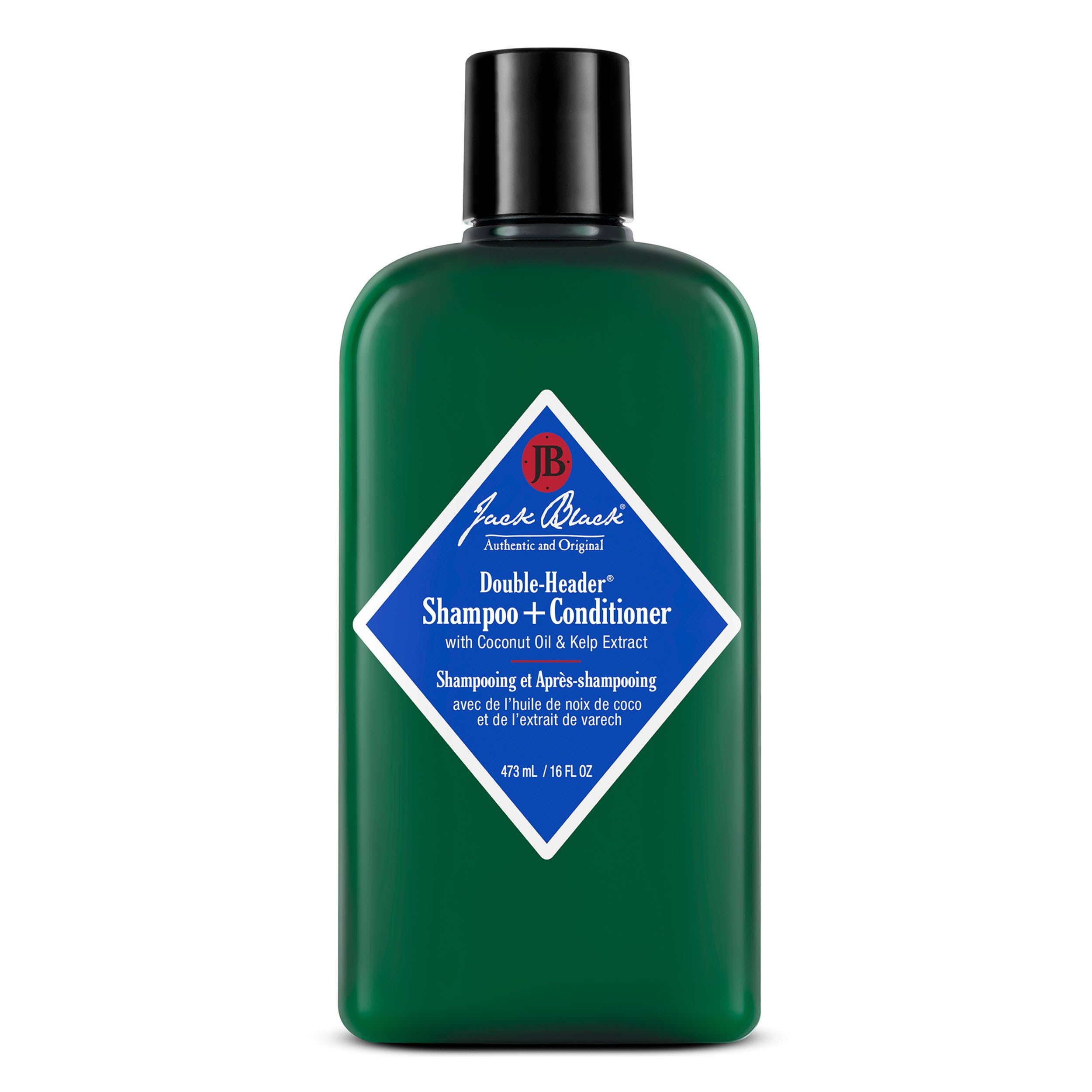 Jack Black Double-Header shampoo bottle shows sulfate-free cleansing and buildup removal.