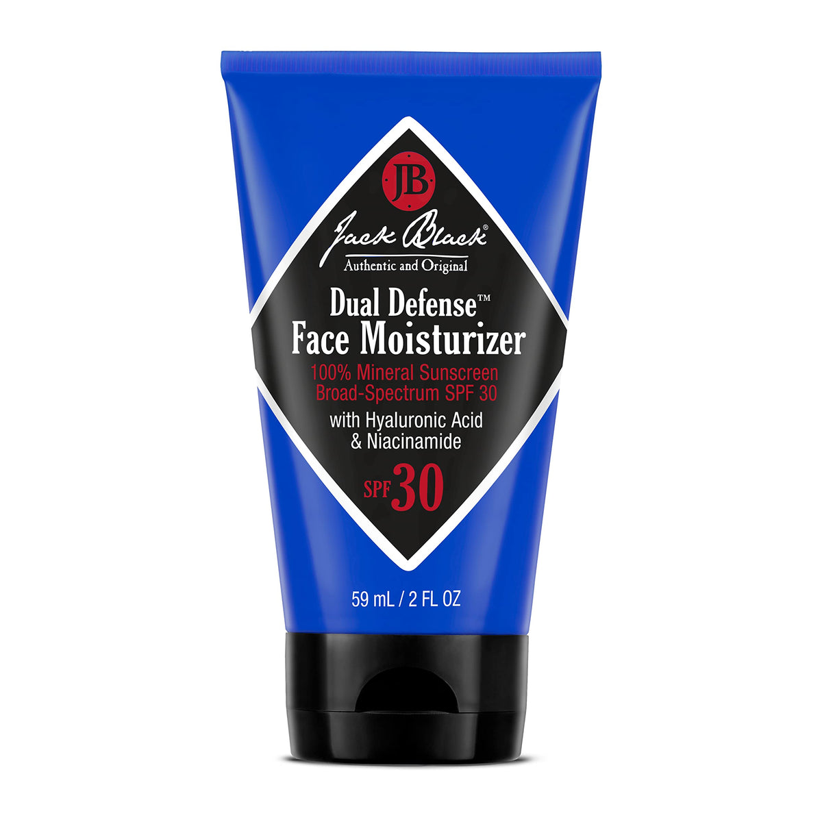 Jack Black Dual Defense moisturizer packaging highlights mineral SPF 30 protection.