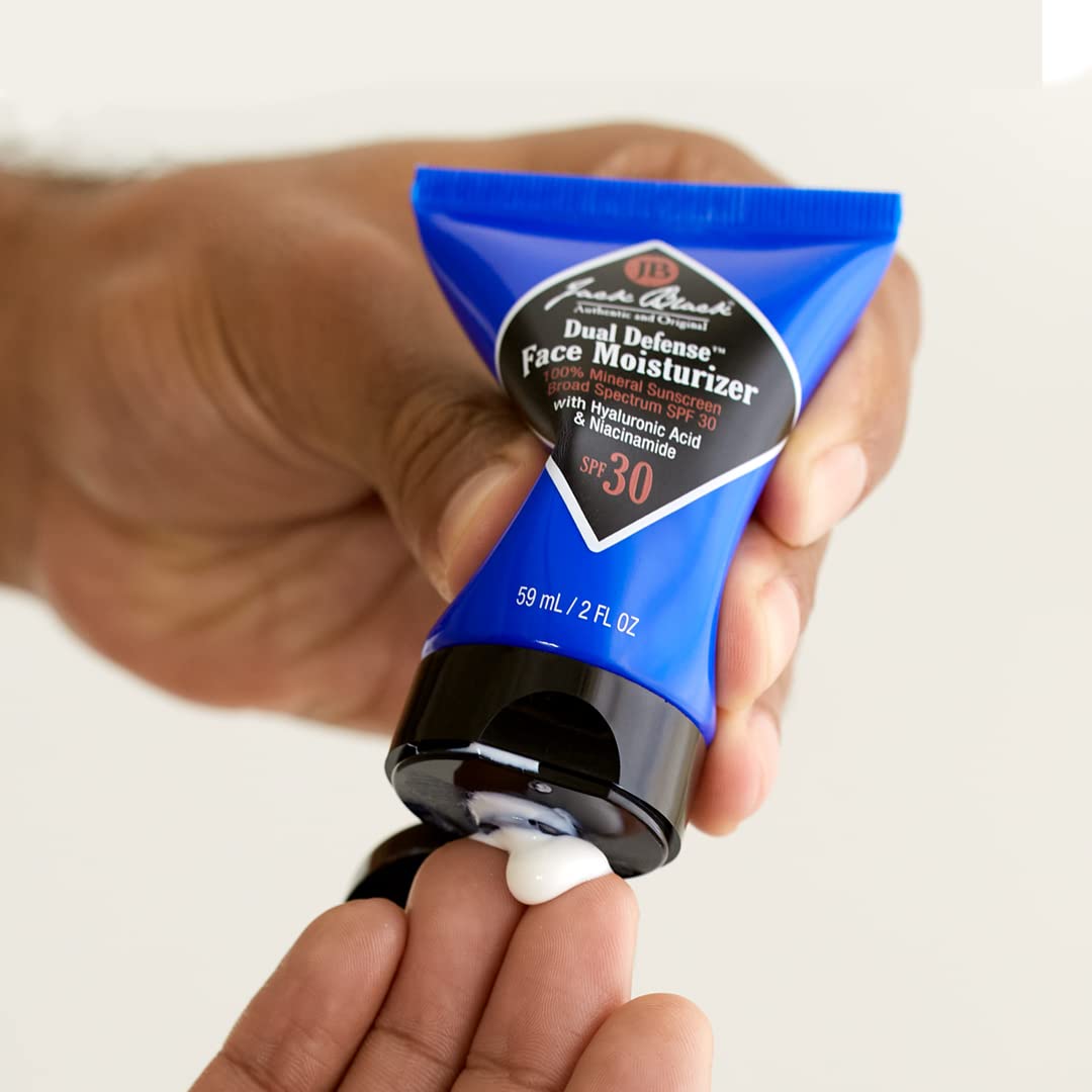 Jack Black Dual Defense SPF 30 transparent finish shown on the face.