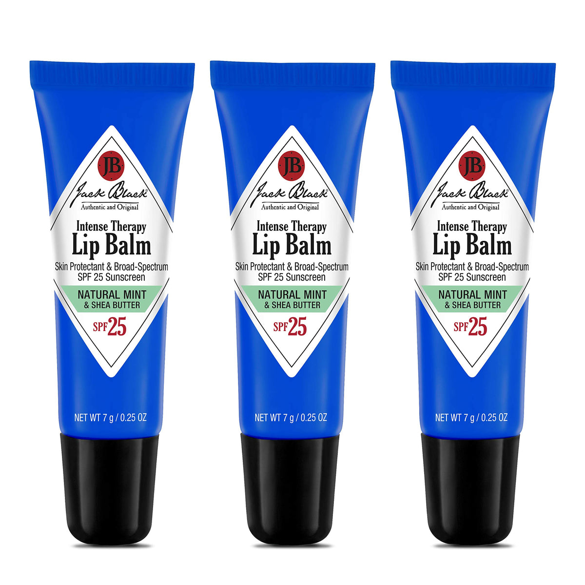Jack Black Intense Therapy Lip Balm Natural Mint trio, SPF 25 protection for daily lips.
