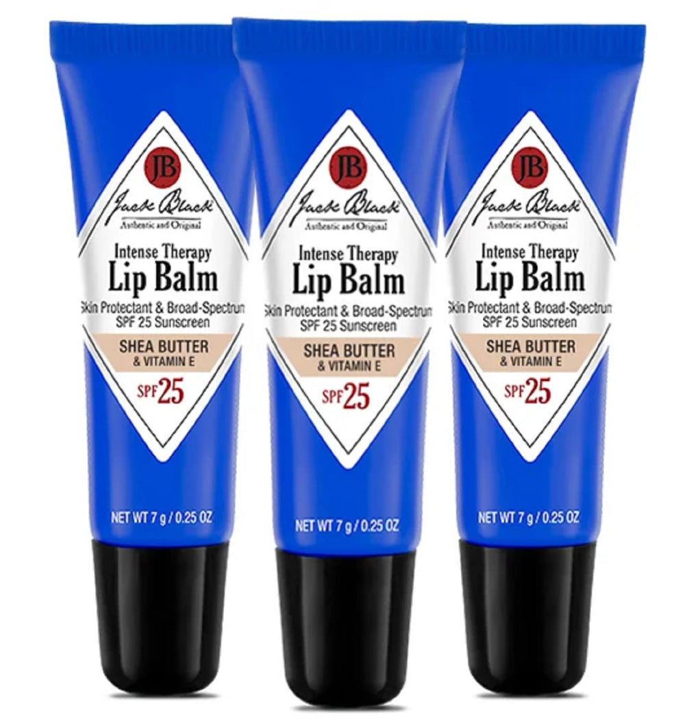 Jack Black Intense Therapy Lip Balm trio pack displayed for daily lip care