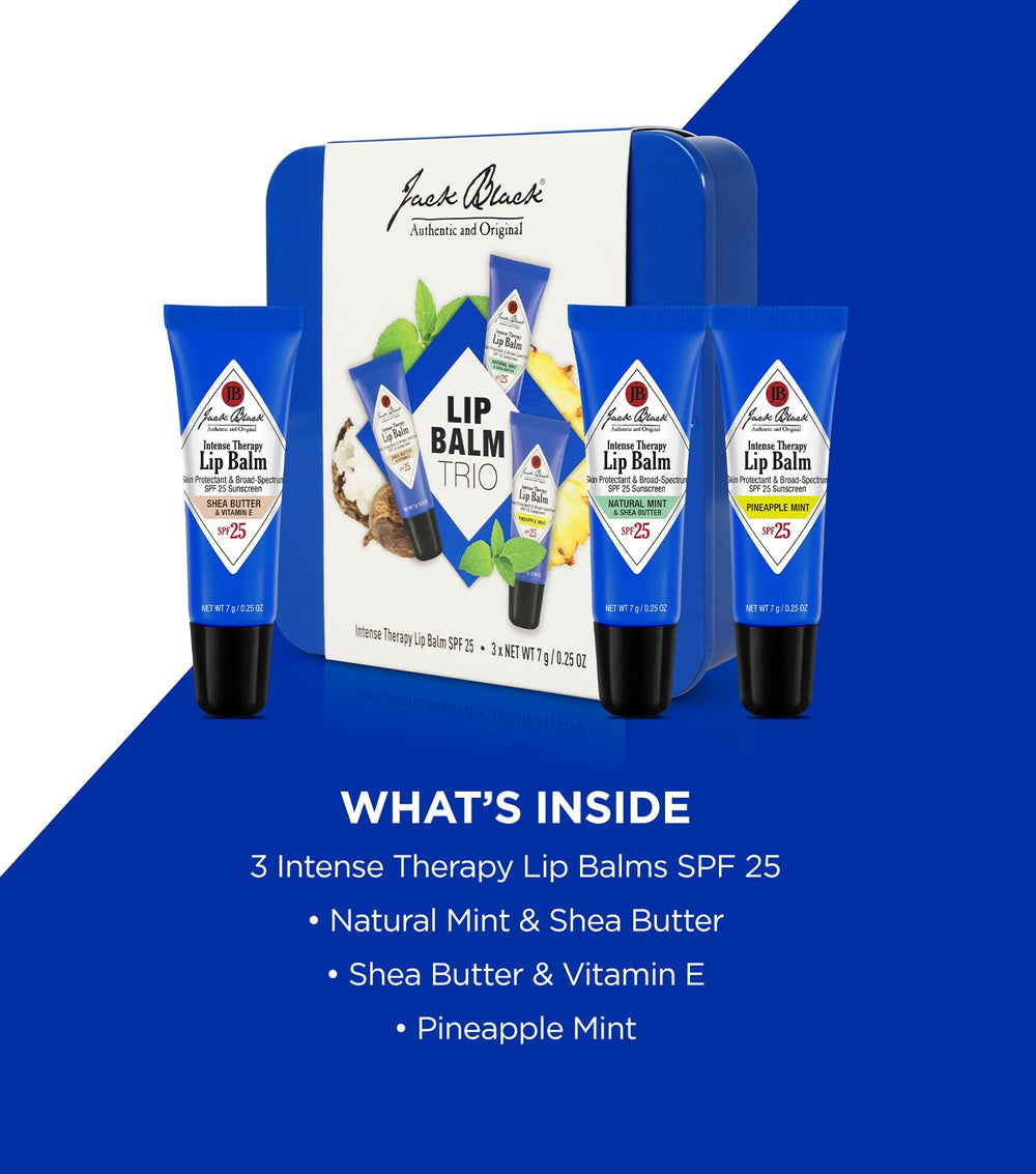 Jack Black Intense Therapy Lip Balm with Vitamin E and green tea extracts for antioxidant support.