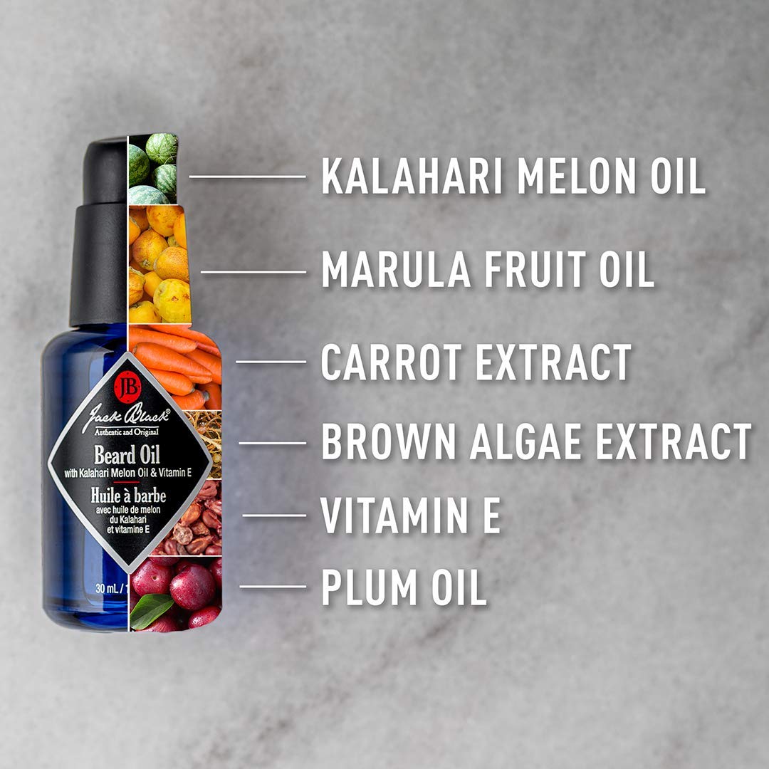 Kalahari melon oil detail in Jack Black Beard Oil packaging for hydration.