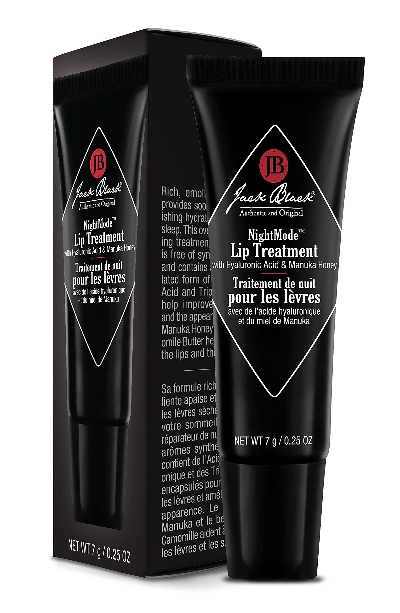 Jack Black NightMode, textura cremosa destacada, suaviza labios con hidratación prolongada.