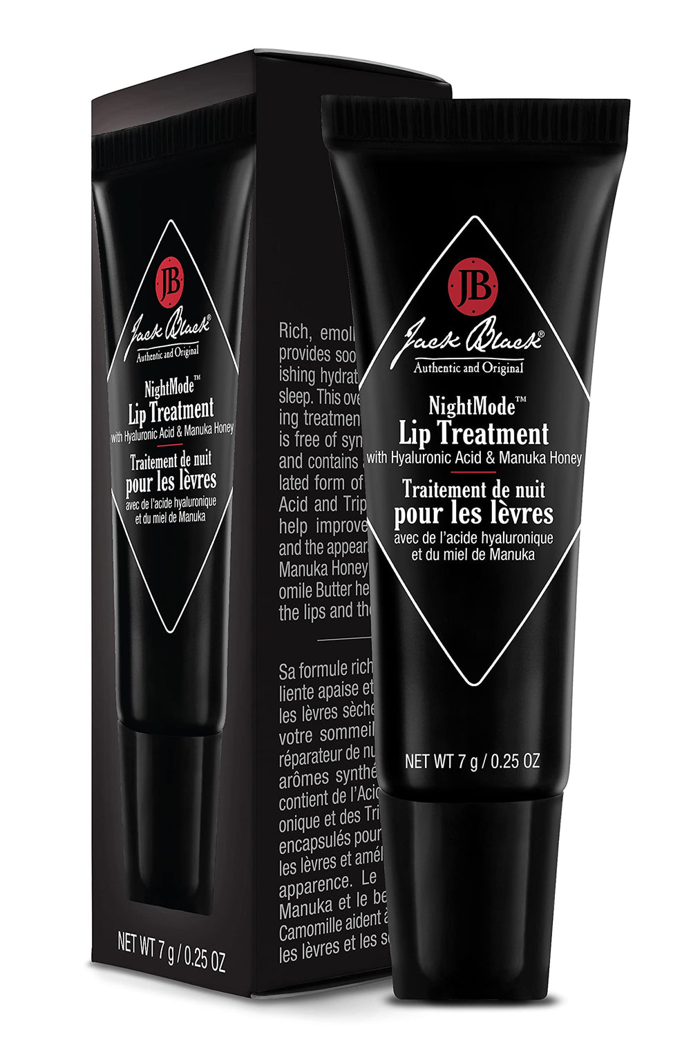 Jack Black NightMode, textura cremosa destacada, suaviza labios con hidratación prolongada.