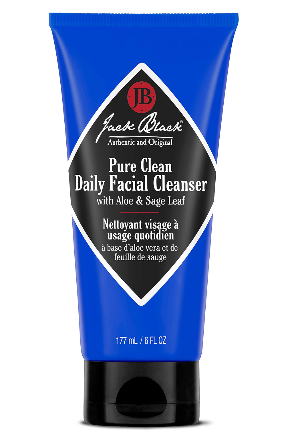 Jack Black Pure Clean Daily Facial Cleanser: empaque compacto para cuidado diario y piel lista para afeitar.
