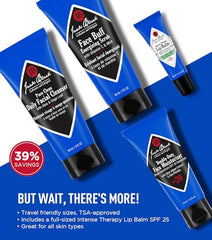 Jack Black Skin Saviors Set Face Buff Energizing Scrub demonstrates deep-cleaning action with eco-friendly particles.