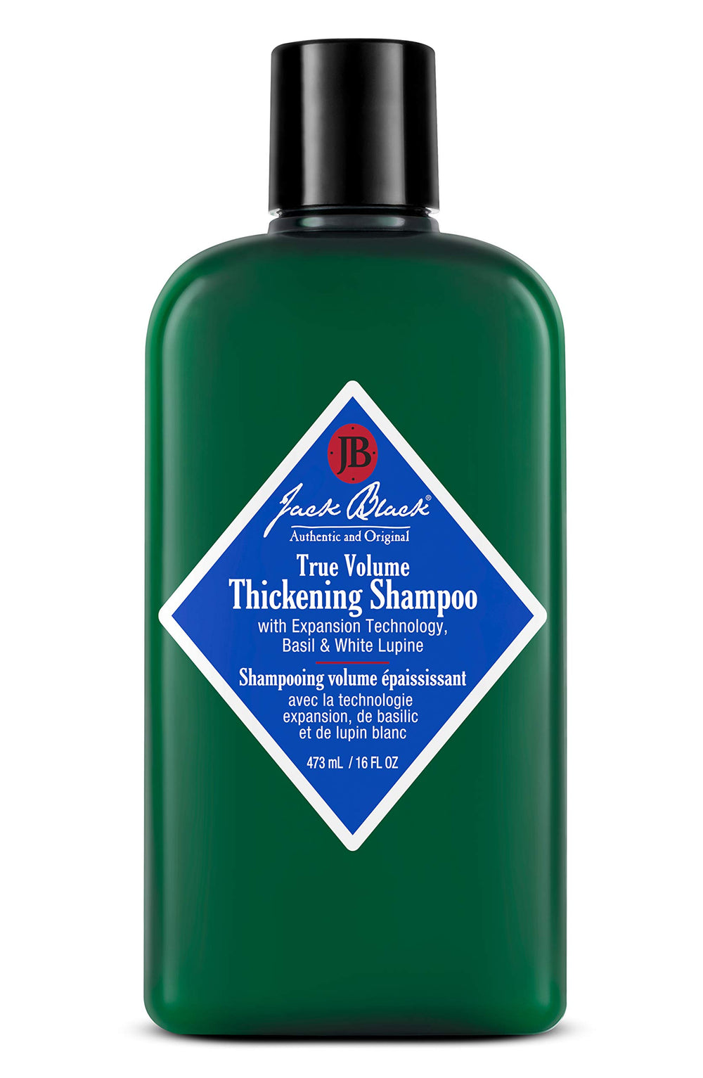 Jack Black True Volume Shampoo bottle on shelf, helping hair look thicker
