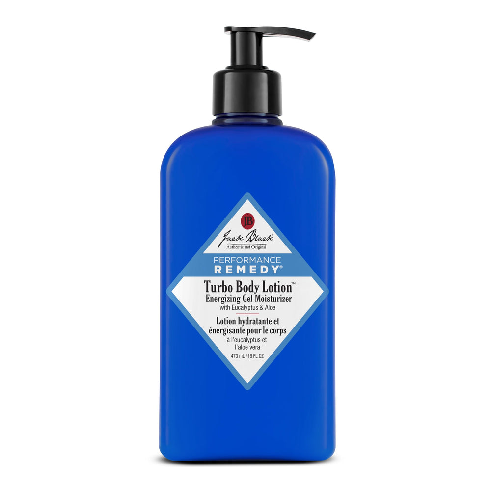 Jack Black Turbo bottle closeup demonstrates gel-to-lotion texture for quick hydration.