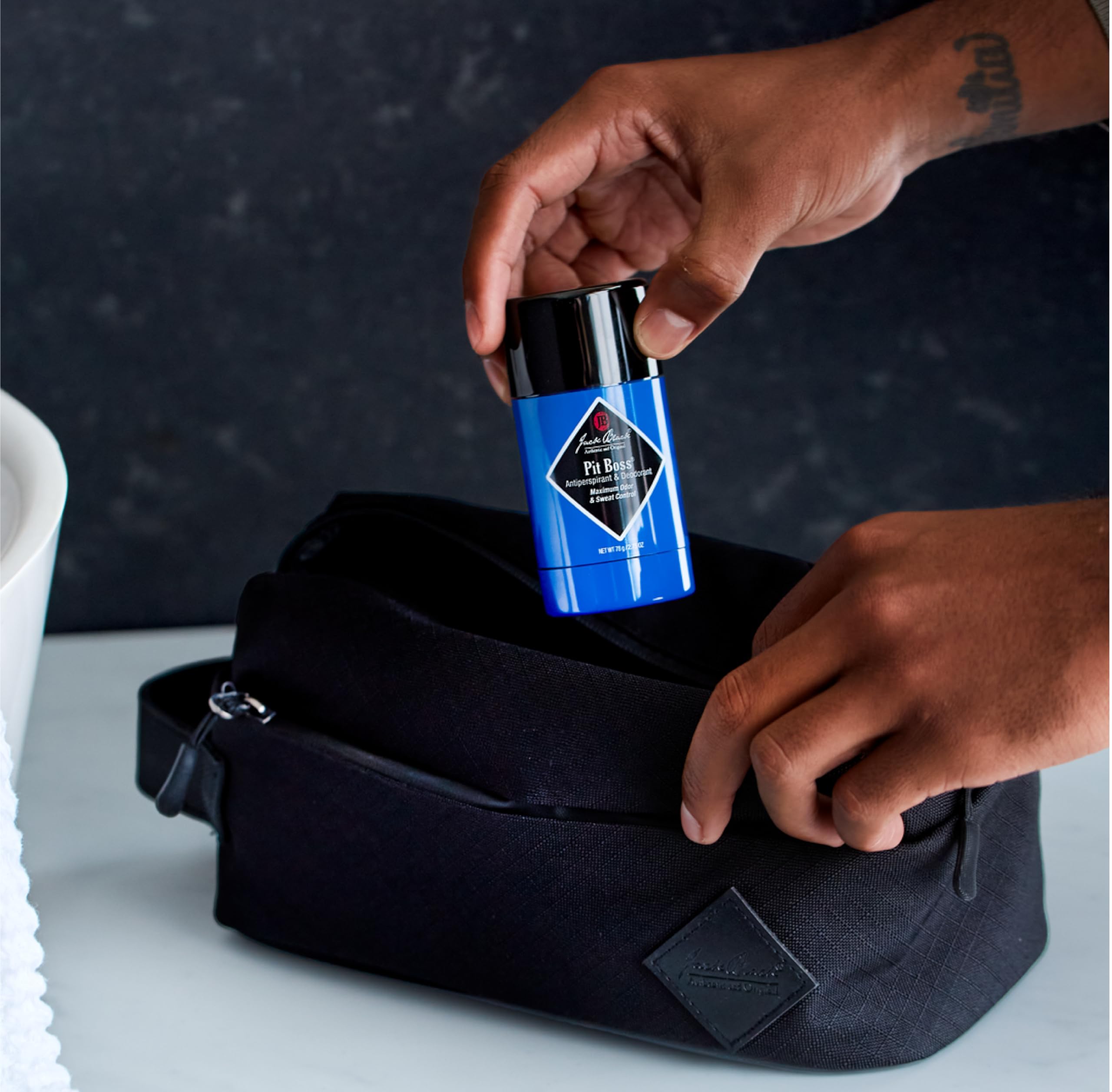 Jack Black Pit Boss vitamin E nourishes underarm skin during daily use.