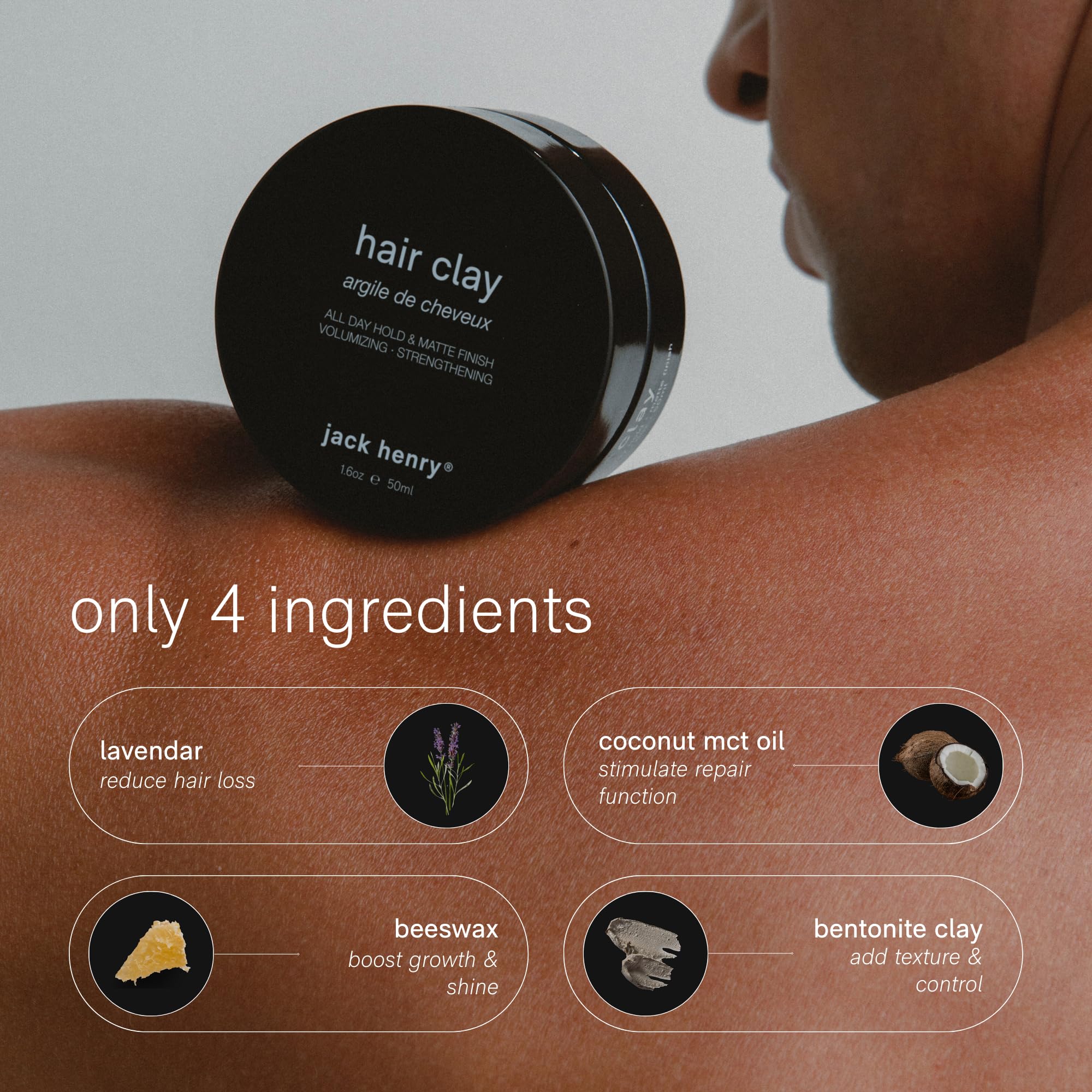 Jack Henry Premium Hair Clay being applied to hair for textured, voluminous styling.
