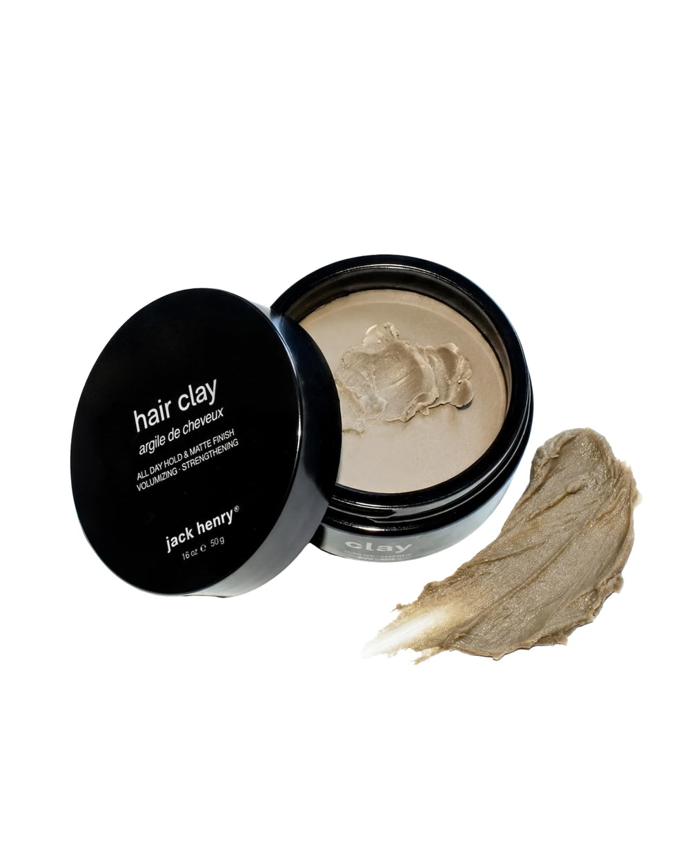 Jack Henry Premium Hair Clay jar closeup shows natural matte finish for all-day hold.