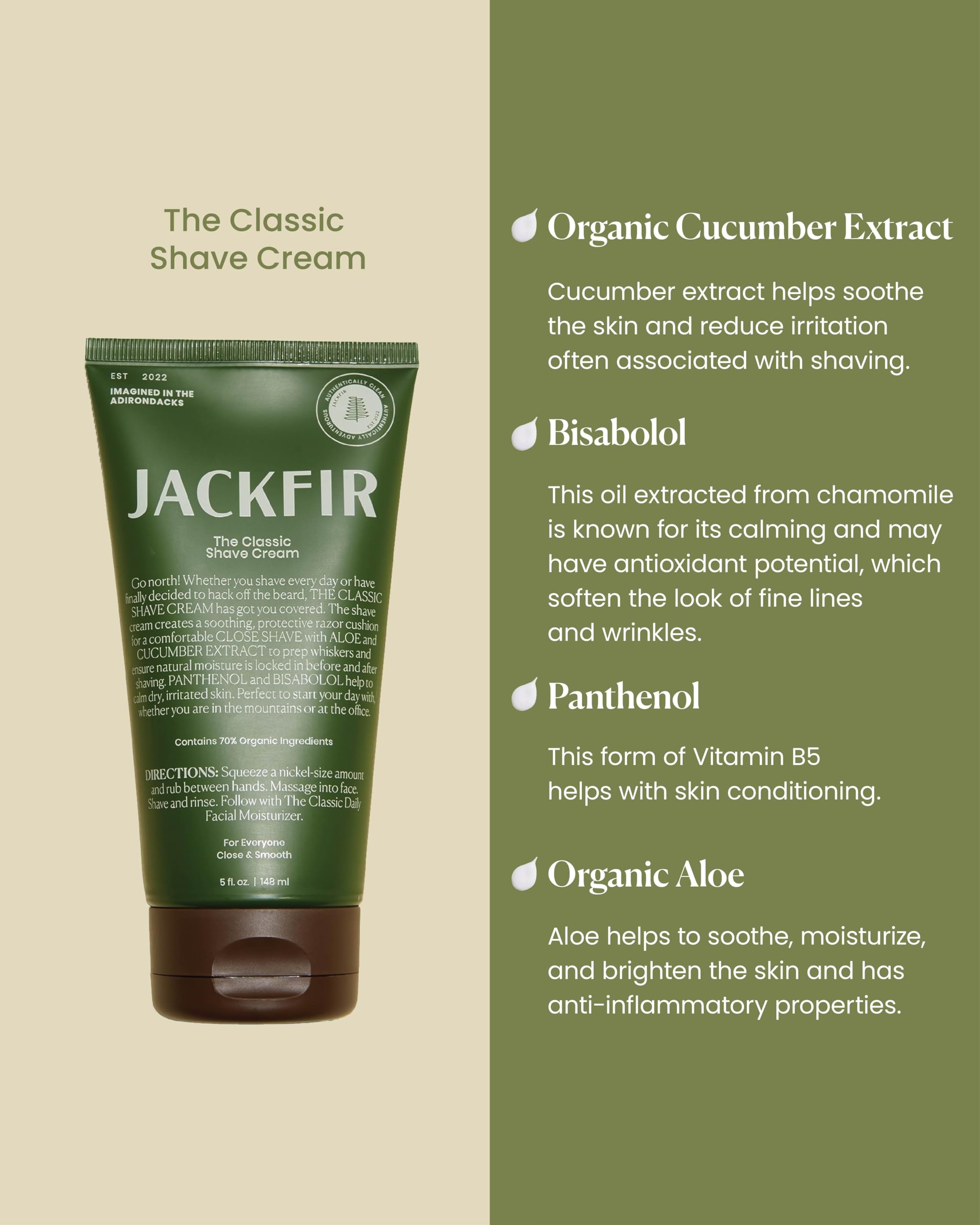 Jackfir Classic Shave Cream label closeup: premium packaging and natural ingredients.