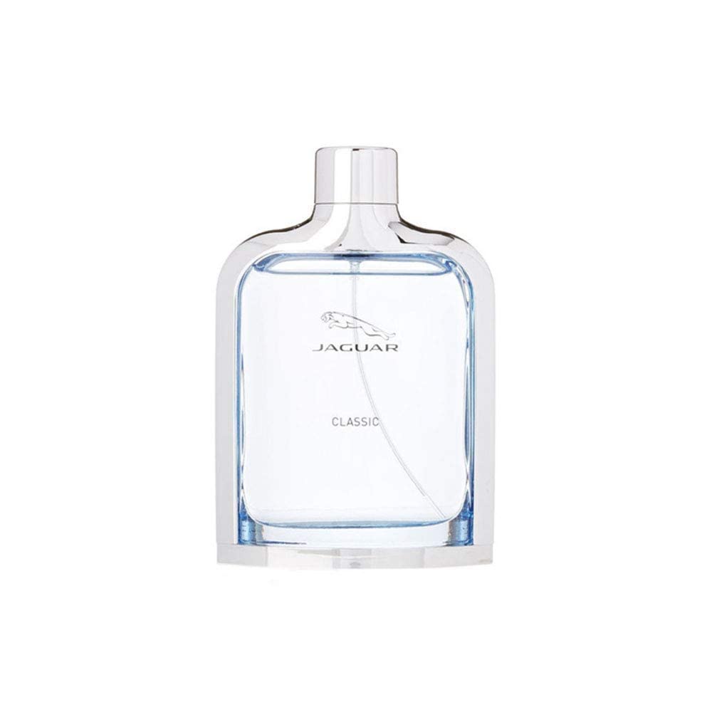 Jaguar Classic Blue bottle side angle highlights sleek profile for modern style.