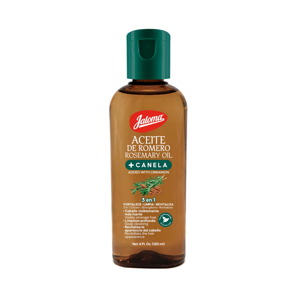 Jaloma Aceite Romero y Canela, frasco de 118 ml para limpieza suave del cuero cabelludo.