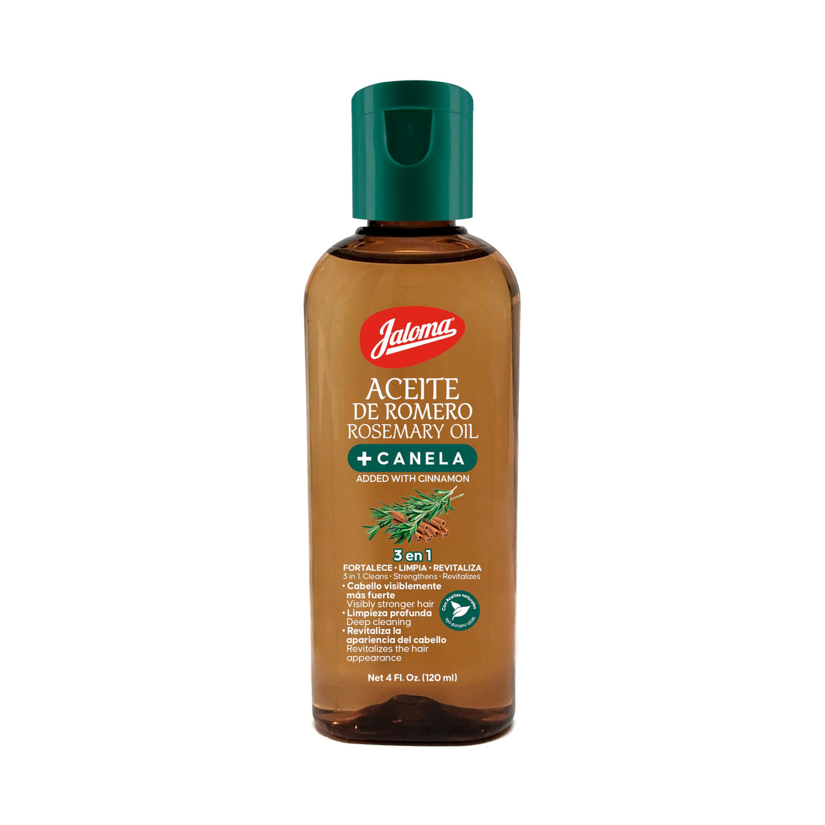 Jaloma Aceite Romero y Canela, frasco de 118 ml para limpieza suave del cuero cabelludo.