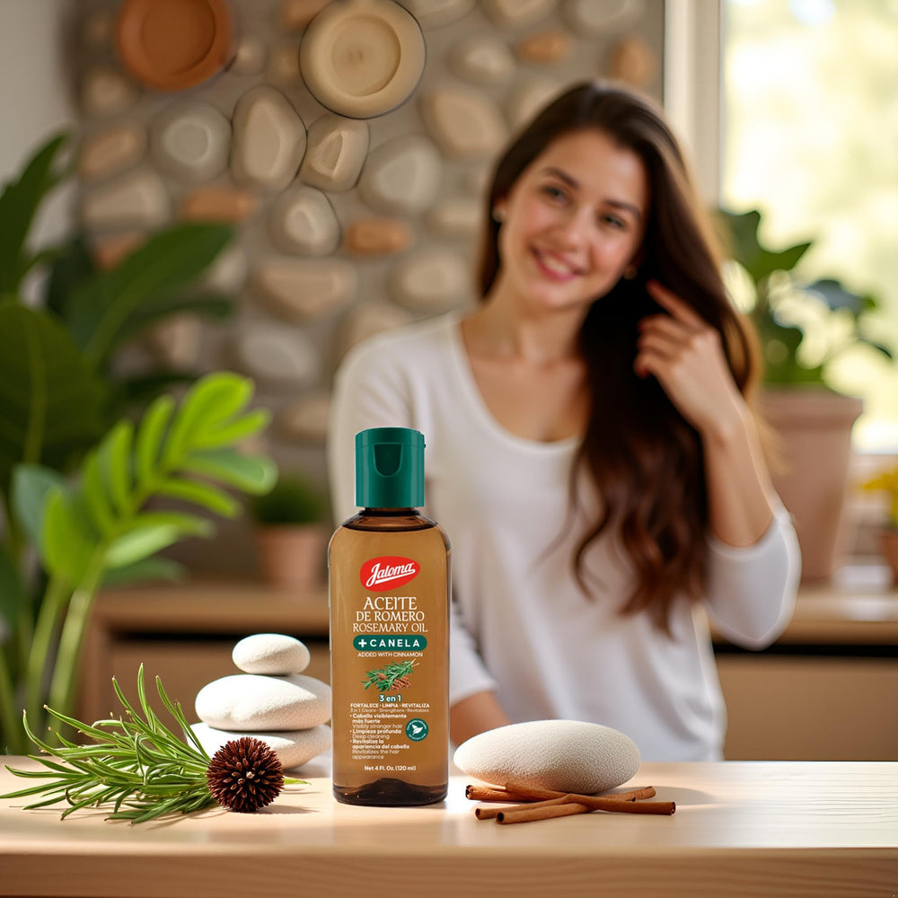Jaloma Aceite Romero y Canela, revitalización y brillo para cabello opaco.
